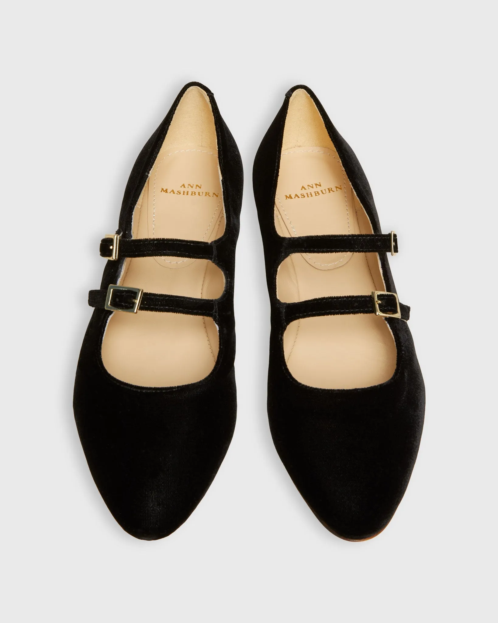 Semi-Pointed-Toe Double-Strap Mary Jane in Black Velvet