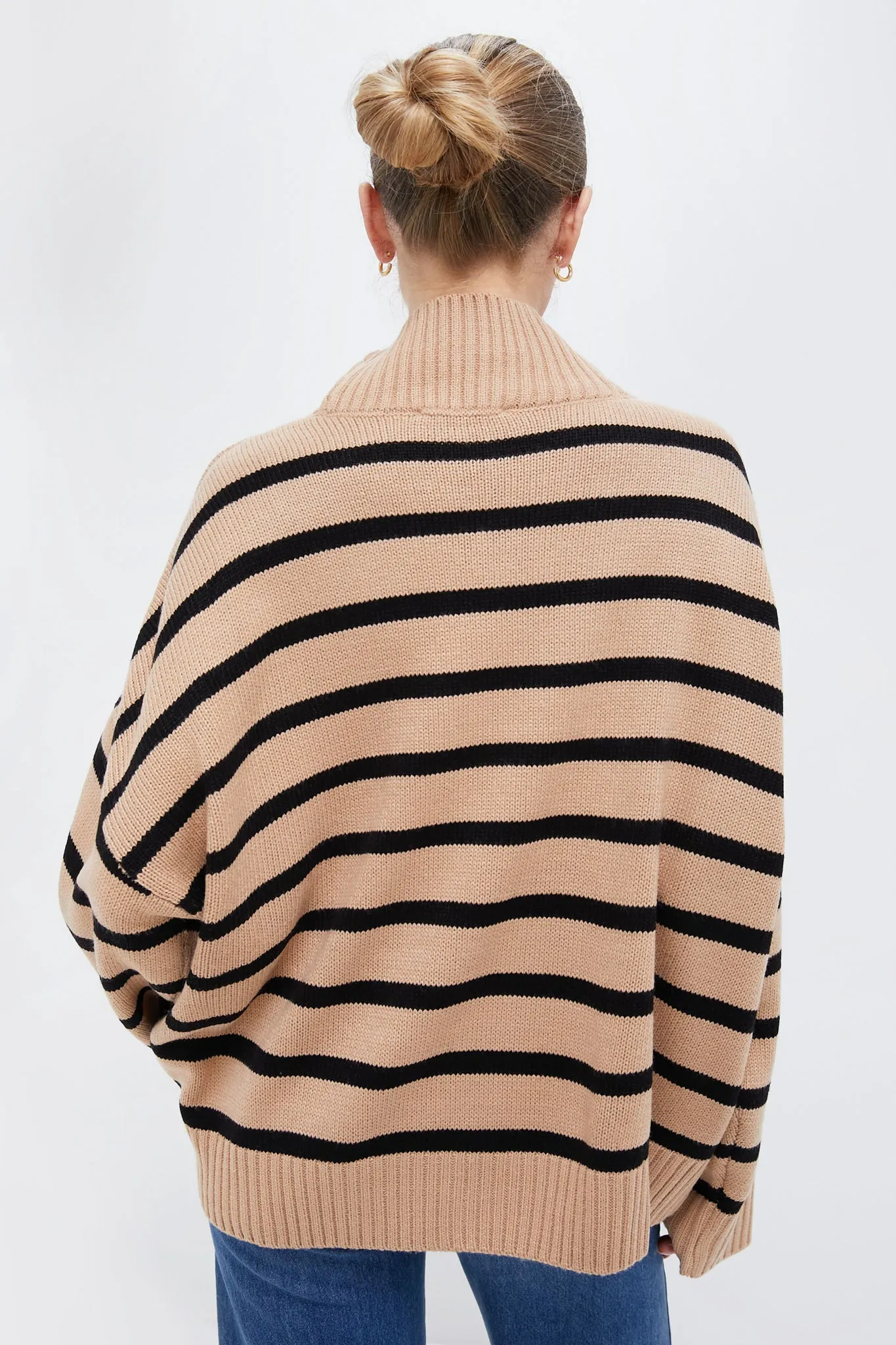 Soft Taupe and Black Oversized Funnel Neck Sweater