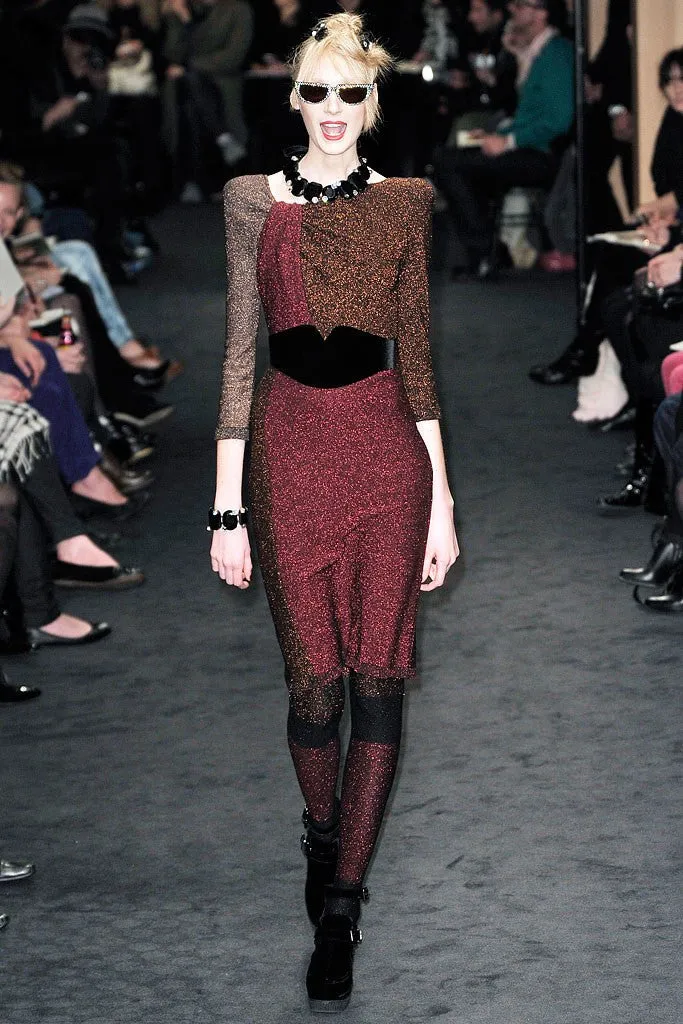 Sonia Rykiel - As Seen on the 2009 Runway Collection - Brown and Red Long Sleeve Metallic Dress with Belt - FR 38