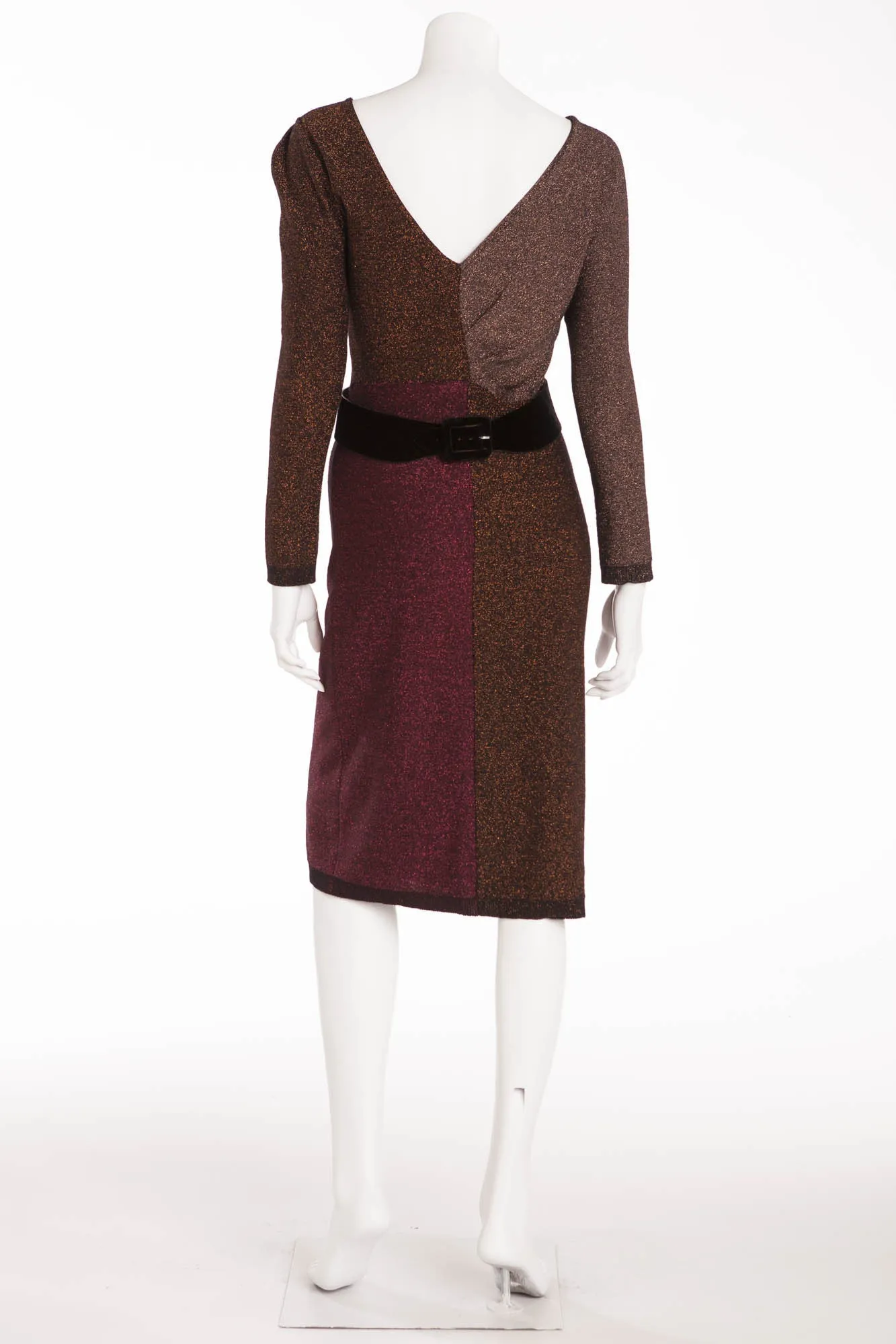 Sonia Rykiel - As Seen on the 2009 Runway Collection - Brown and Red Long Sleeve Metallic Dress with Belt - FR 38