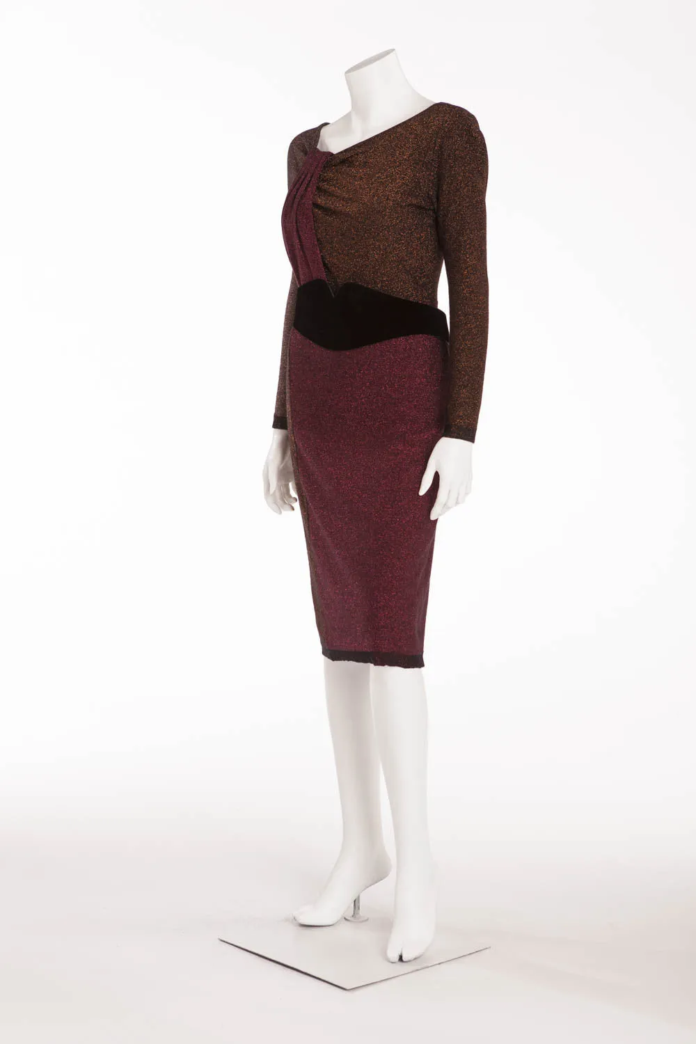 Sonia Rykiel - As Seen on the 2009 Runway Collection - Brown and Red Long Sleeve Metallic Dress with Belt - FR 38