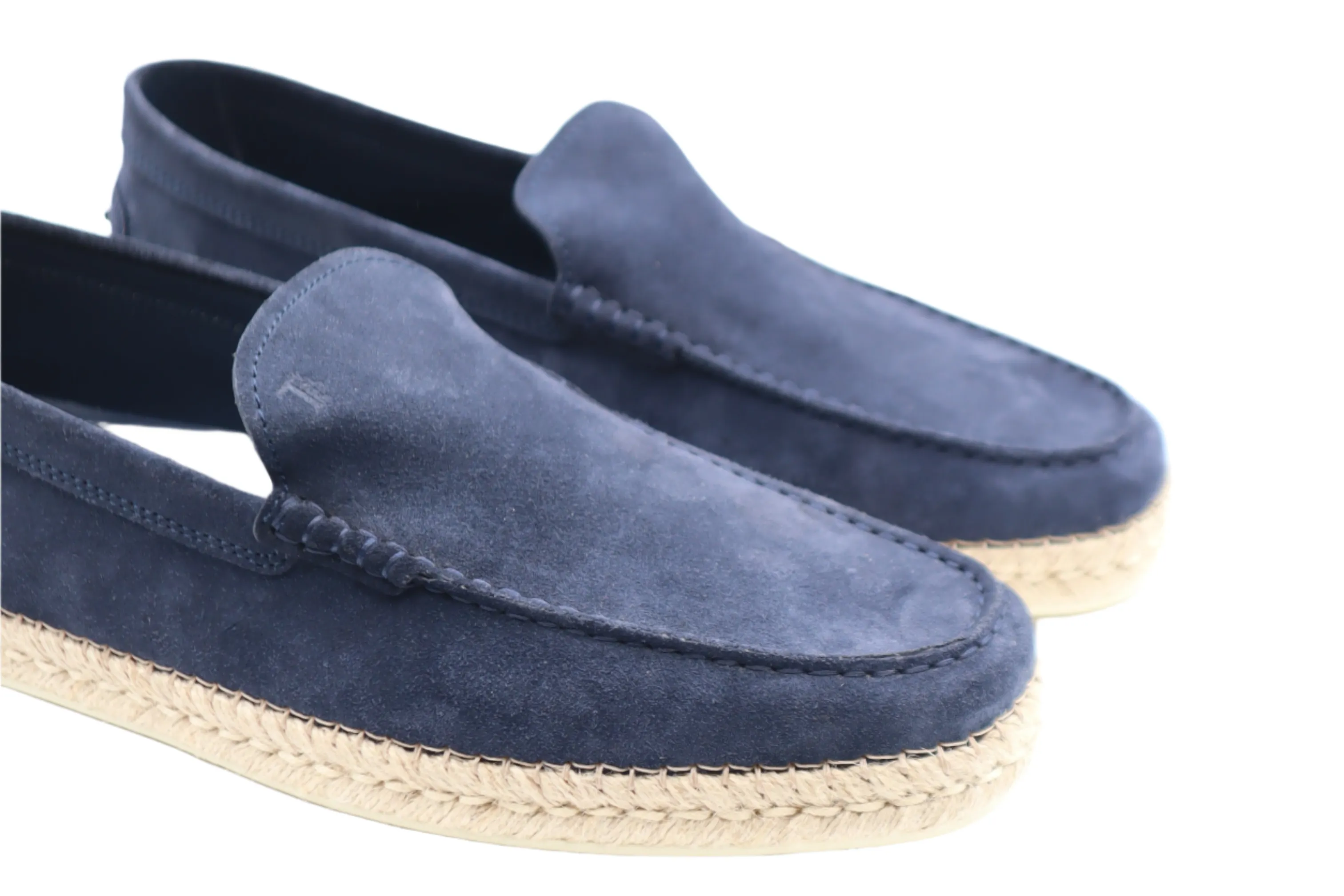 Tods Mens Navy Blue Suede Slip On Espadrille with Raffia Sole