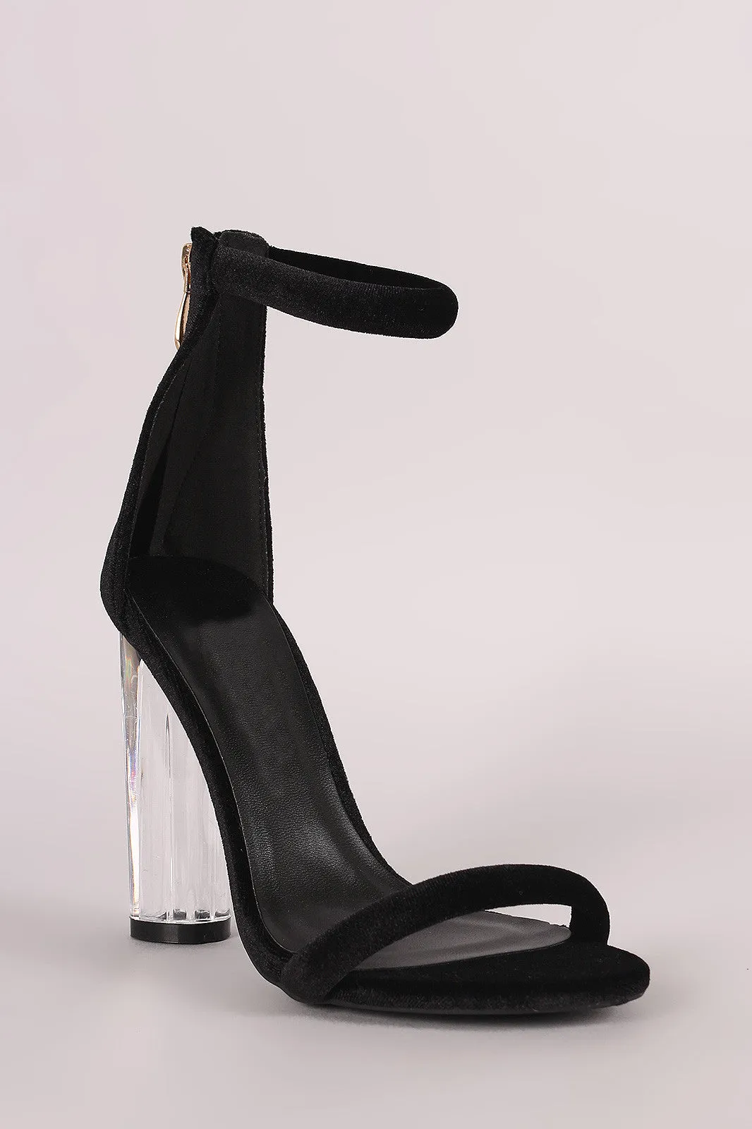 Velvet Ankle Strap Rounded Perspex Heel