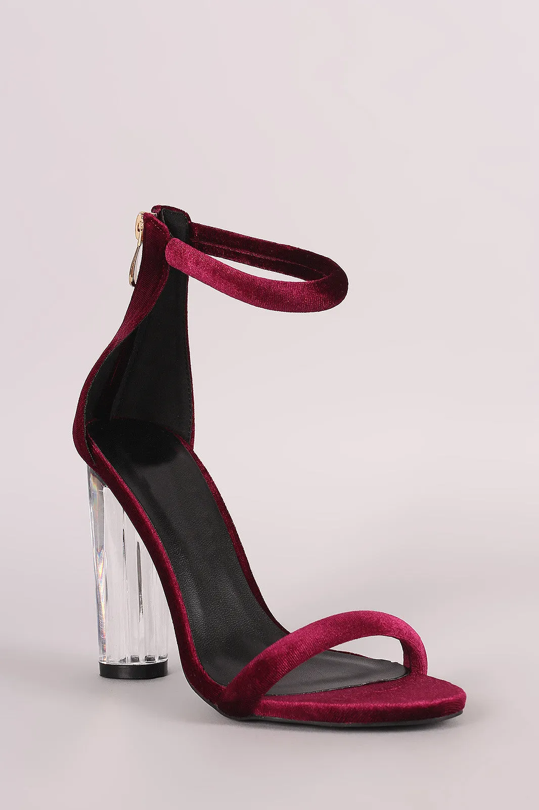 Velvet Ankle Strap Rounded Perspex Heel