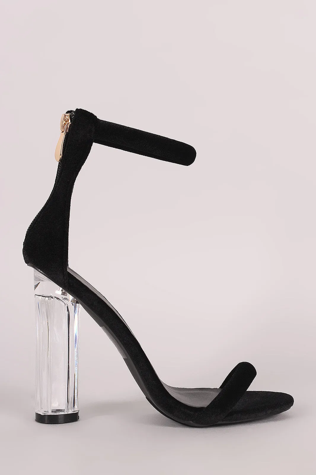 Velvet Ankle Strap Rounded Perspex Heel