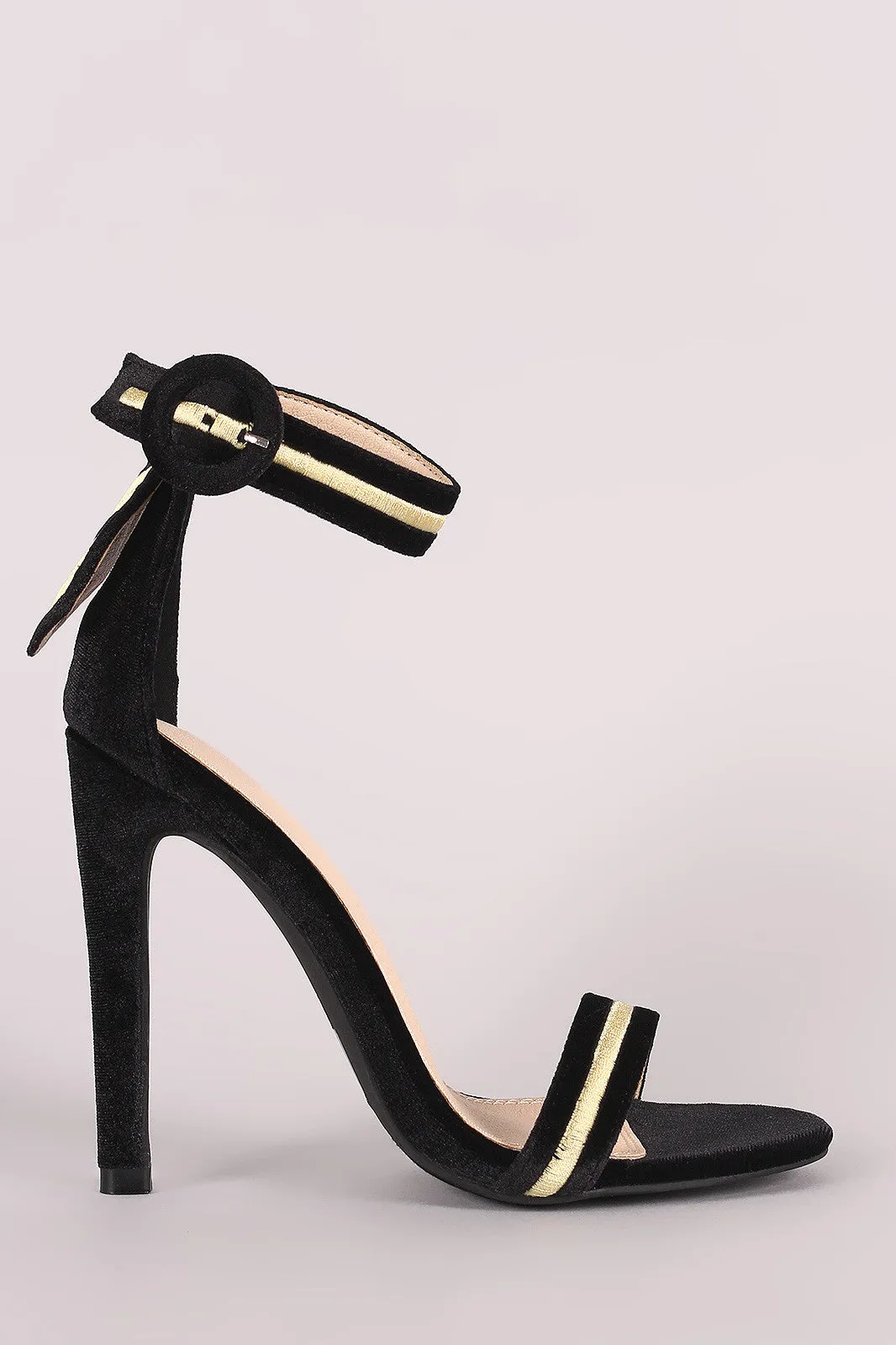 Velvet Embroidered Military Stripe Ankle Strap Heel