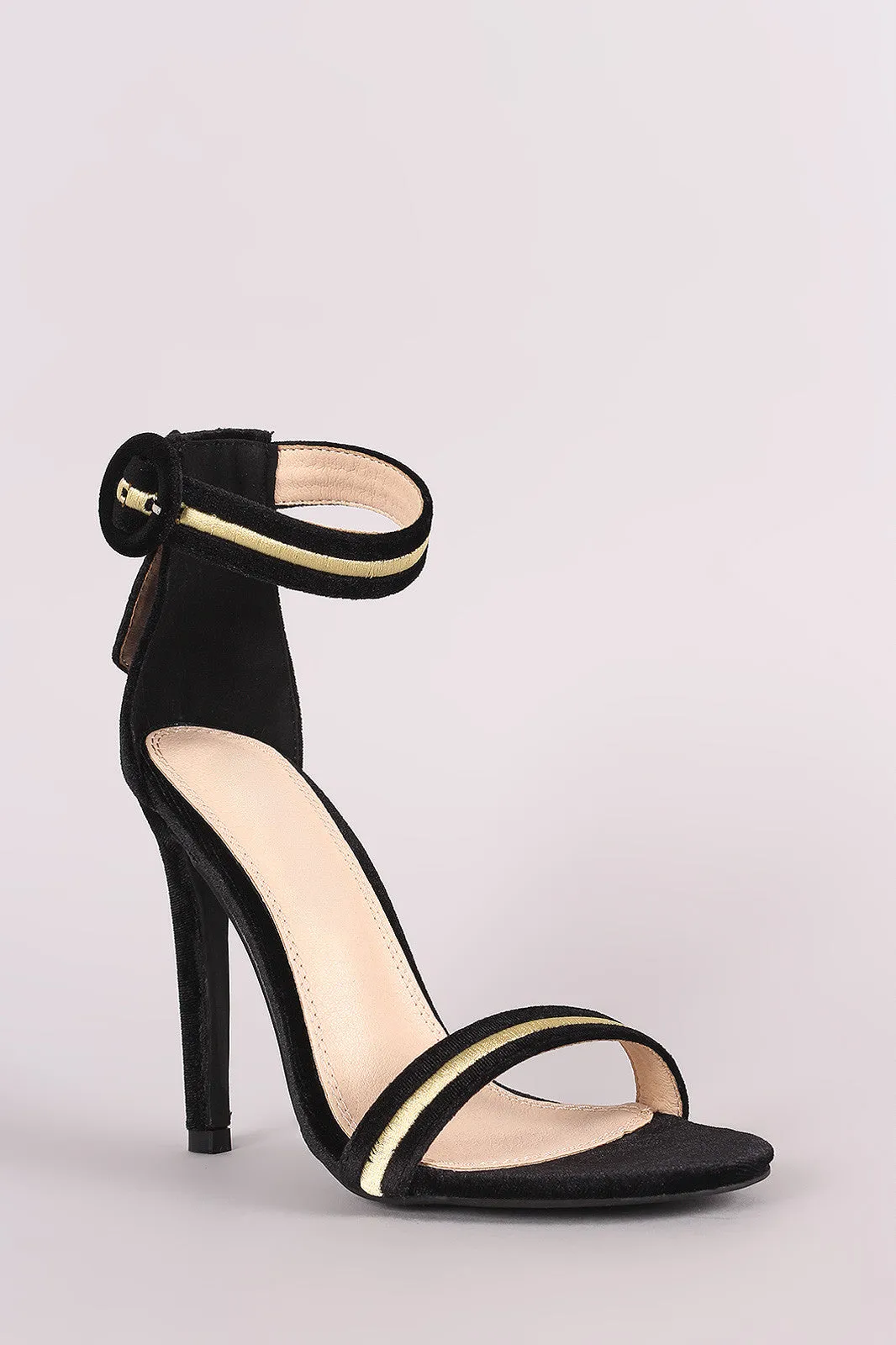 Velvet Embroidered Military Stripe Ankle Strap Heel