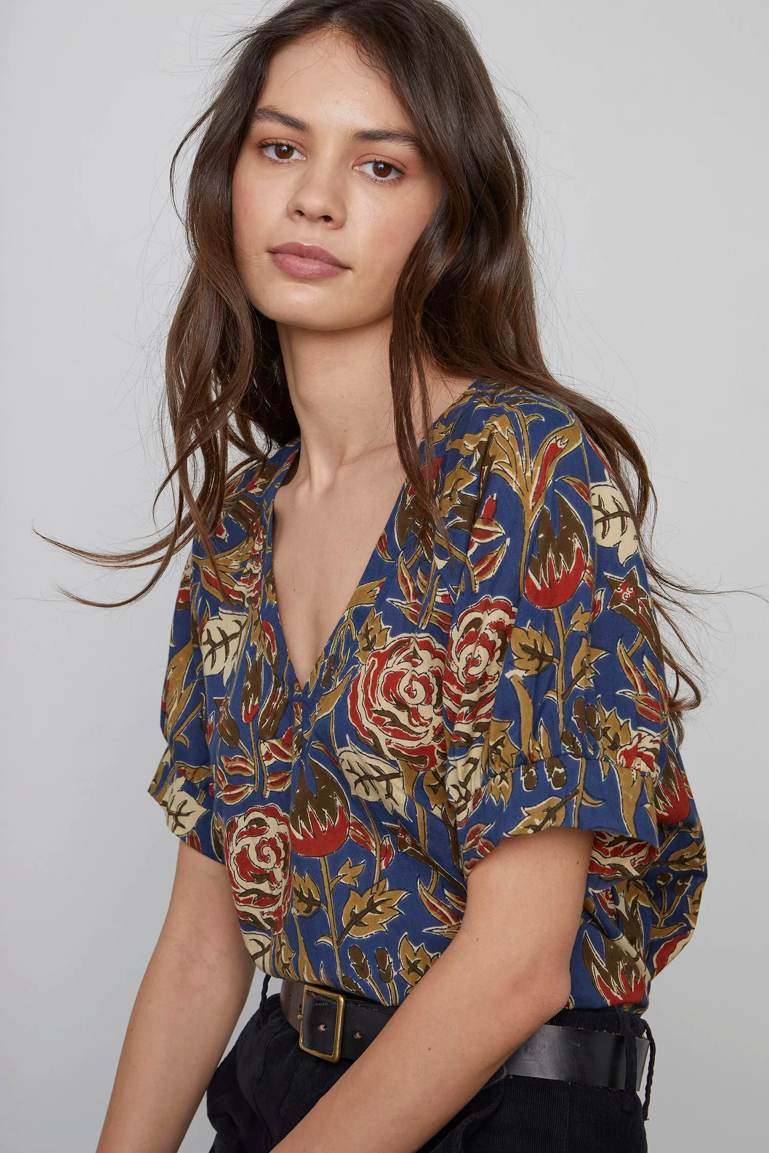 Velvet Women's Printed Cotton Short Sleeve Top - FLOWER