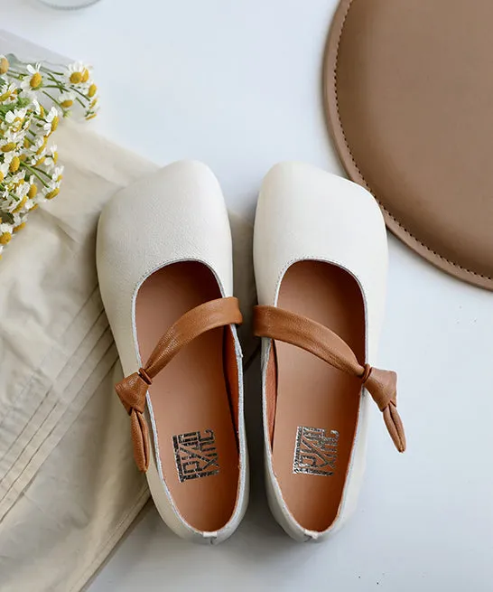 White Flats Cowhide Leather Unique Buckle Strap Flats