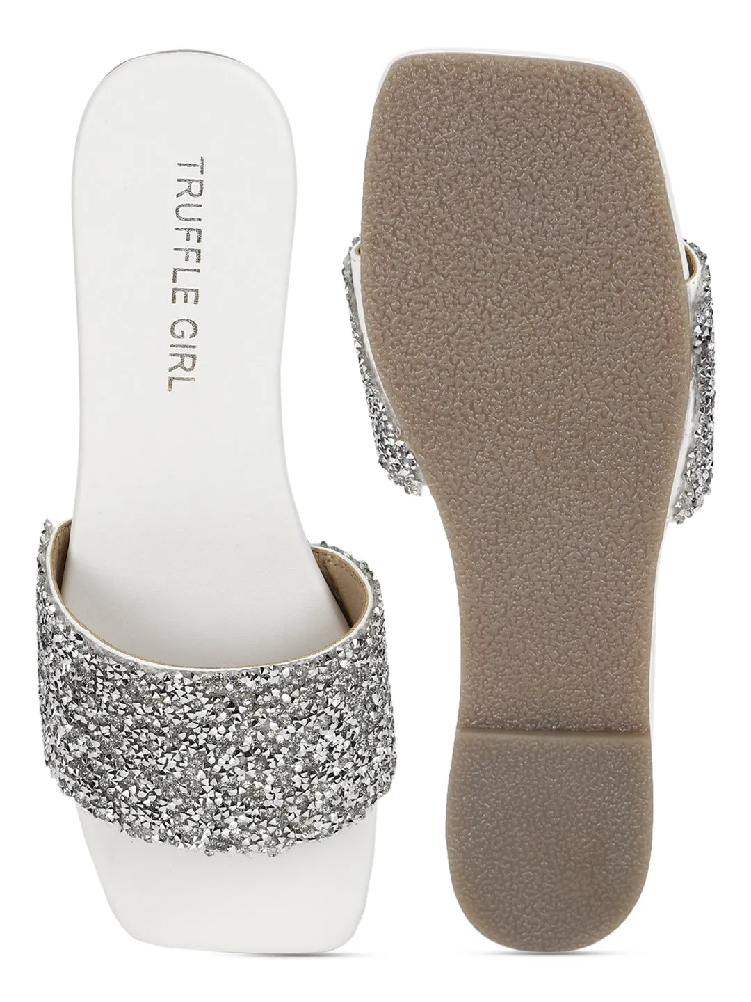 White PU Sequin Glitter Strap Slip On Flats (TC-ST-1211-WHT)