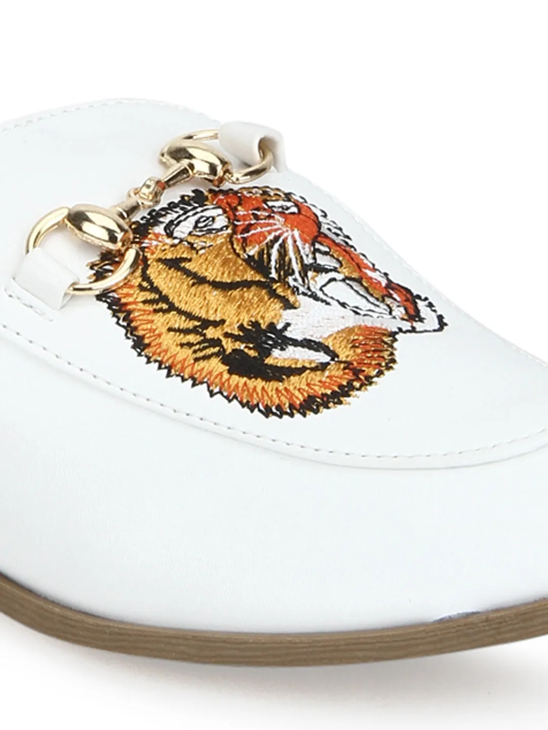 White PU Tiger Detailed Open Back Flat Loafer