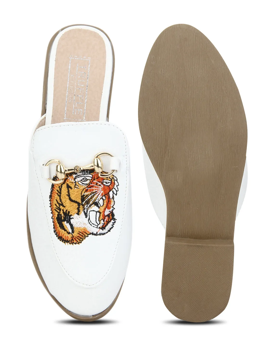 White PU Tiger Detailed Open Back Flat Loafer