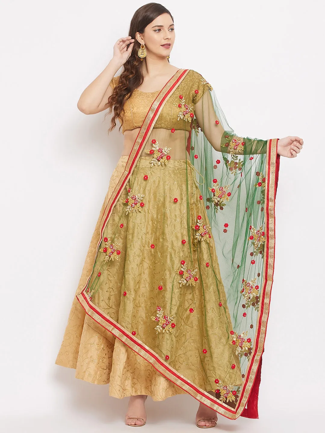 Women Bottle Green Embroidered Net Dupatta