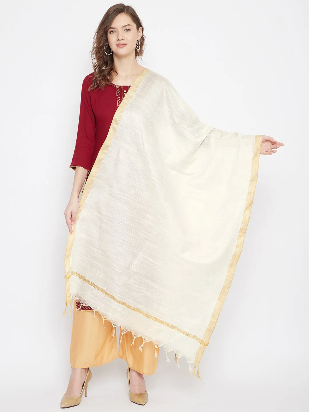 Women Cream Solid Cotton Tussar Dupatta