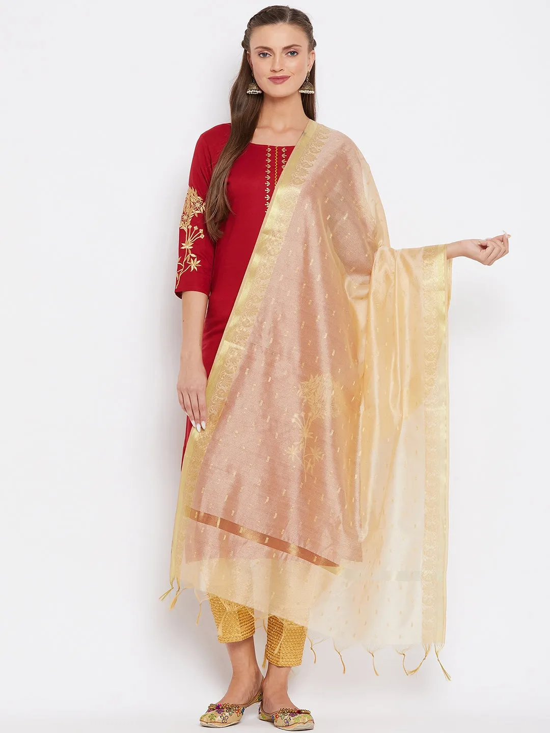 Women Fawn & Gold Coloured Woven Design Dupatta