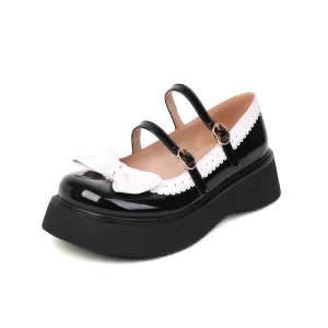 Women's Bow Tie Mary Janes Shallow Flat Platform Pumps