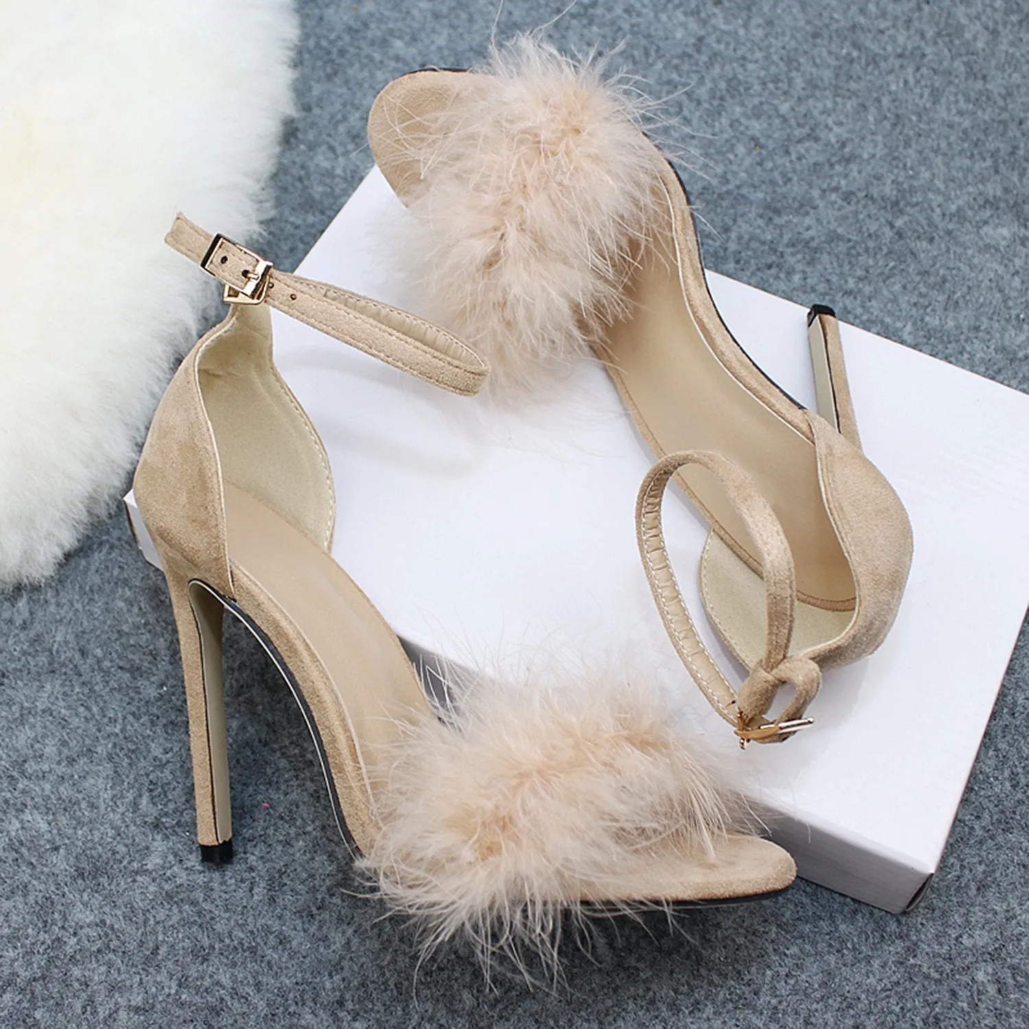 Womens Sexy High Heels Buckle Fur Sandals