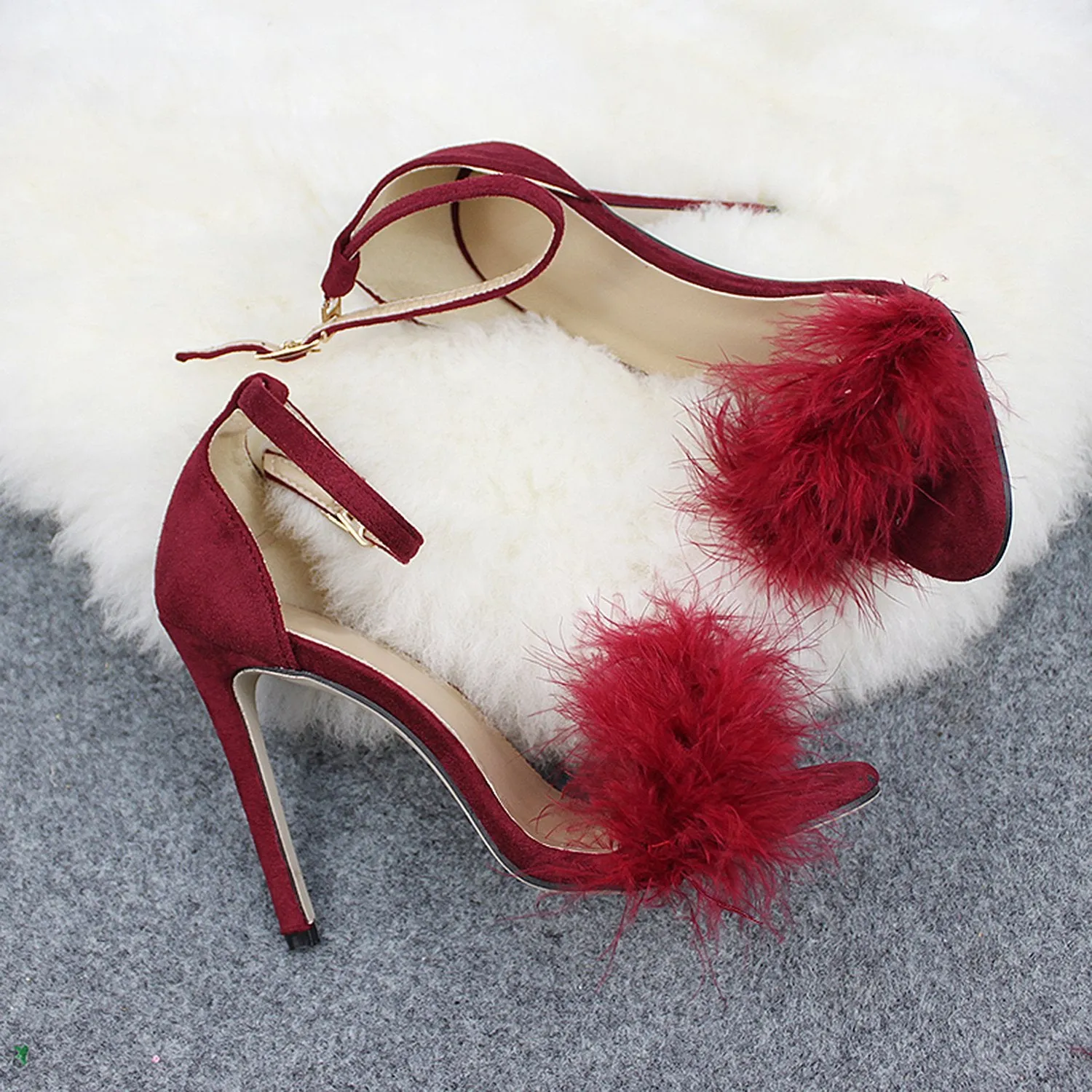 Womens Sexy High Heels Buckle Fur Sandals