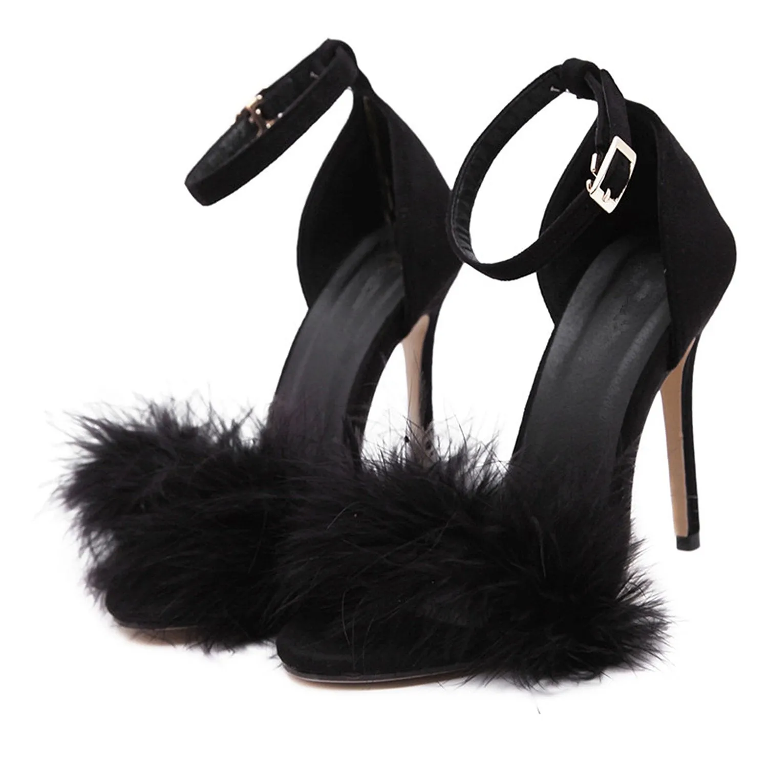 Womens Sexy High Heels Buckle Fur Sandals