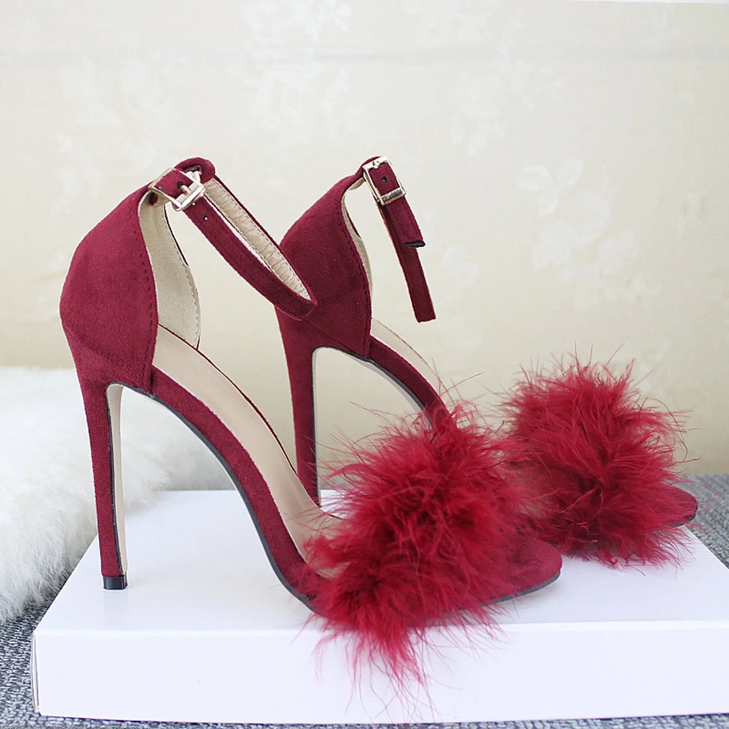 Womens Sexy High Heels Buckle Fur Sandals