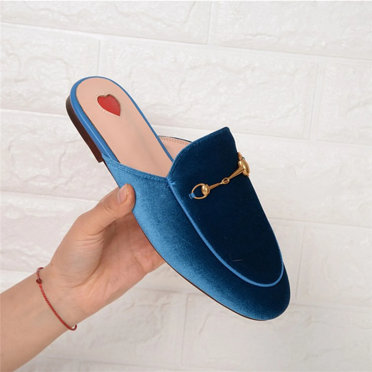 Womens Velvet Heart Oxford Slide Slip On Flat Mules