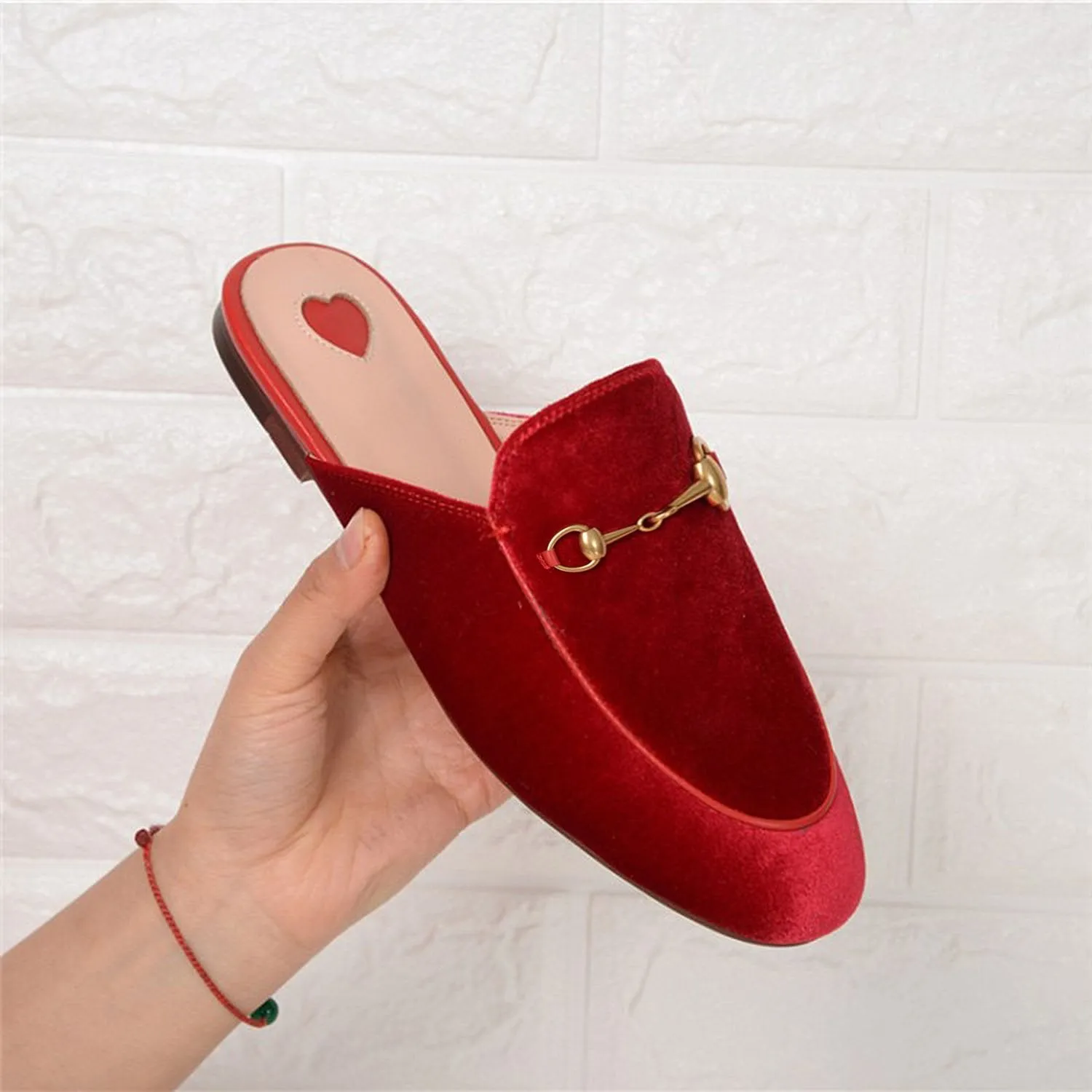 Womens Velvet Heart Oxford Slide Slip On Flat Mules