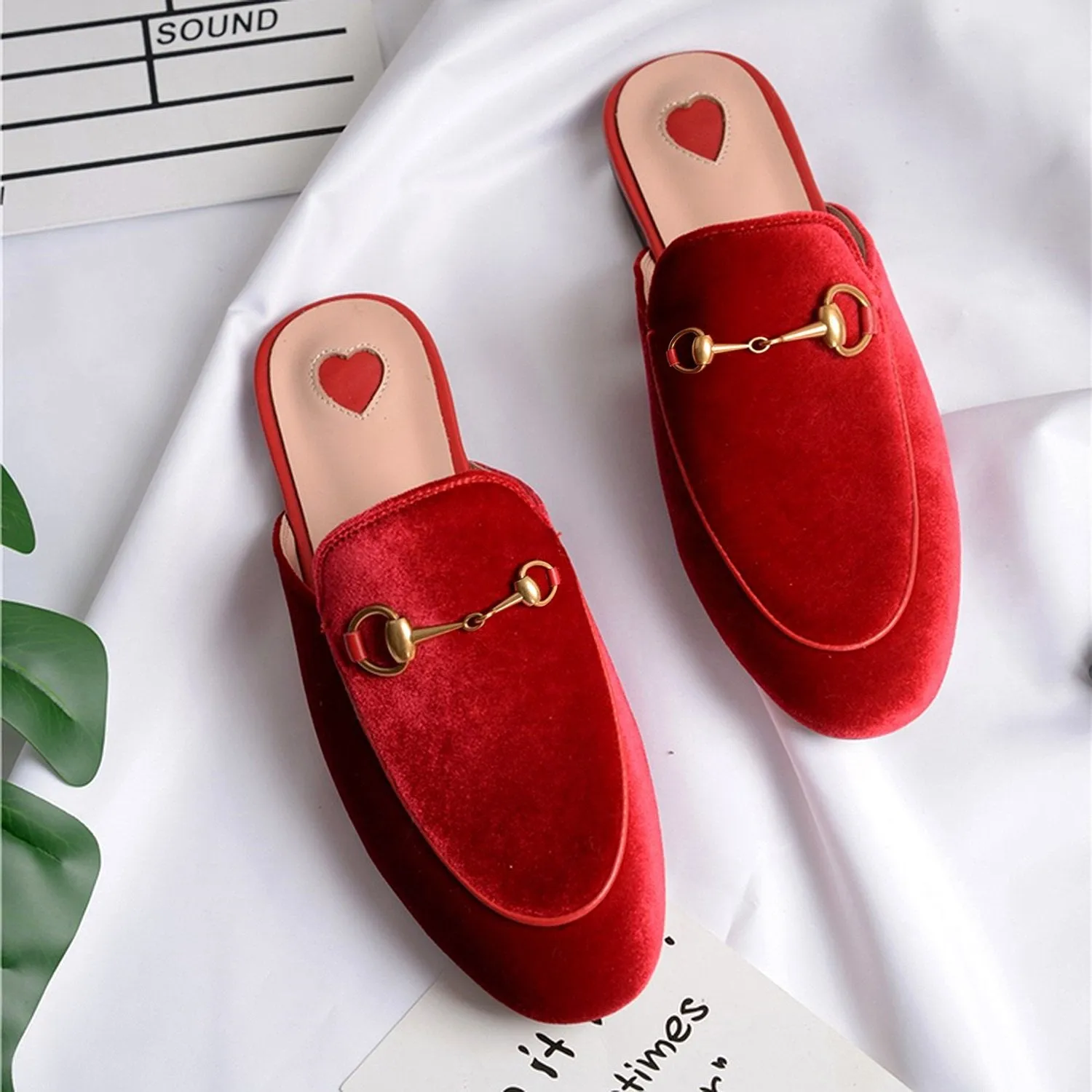 Womens Velvet Heart Oxford Slide Slip On Flat Mules