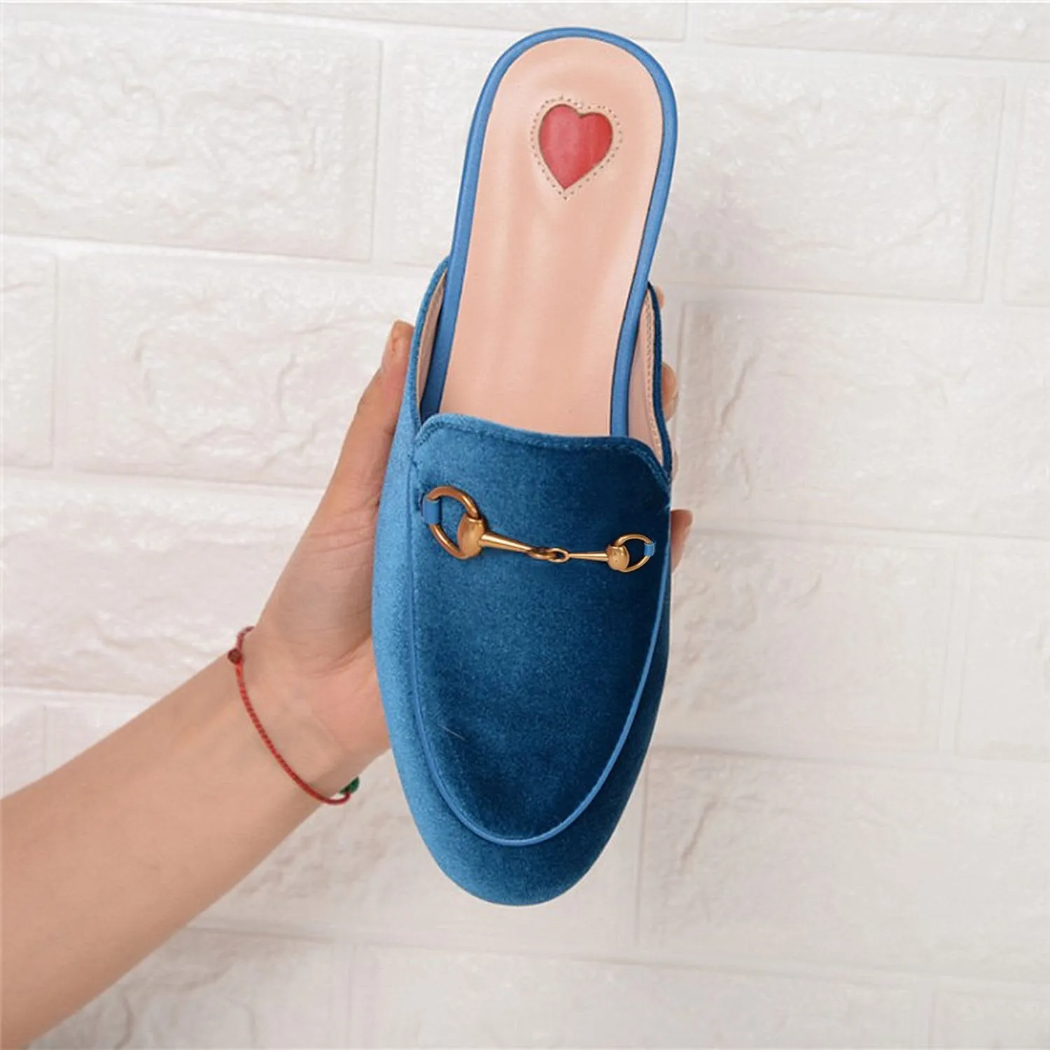 Womens Velvet Heart Oxford Slide Slip On Flat Mules