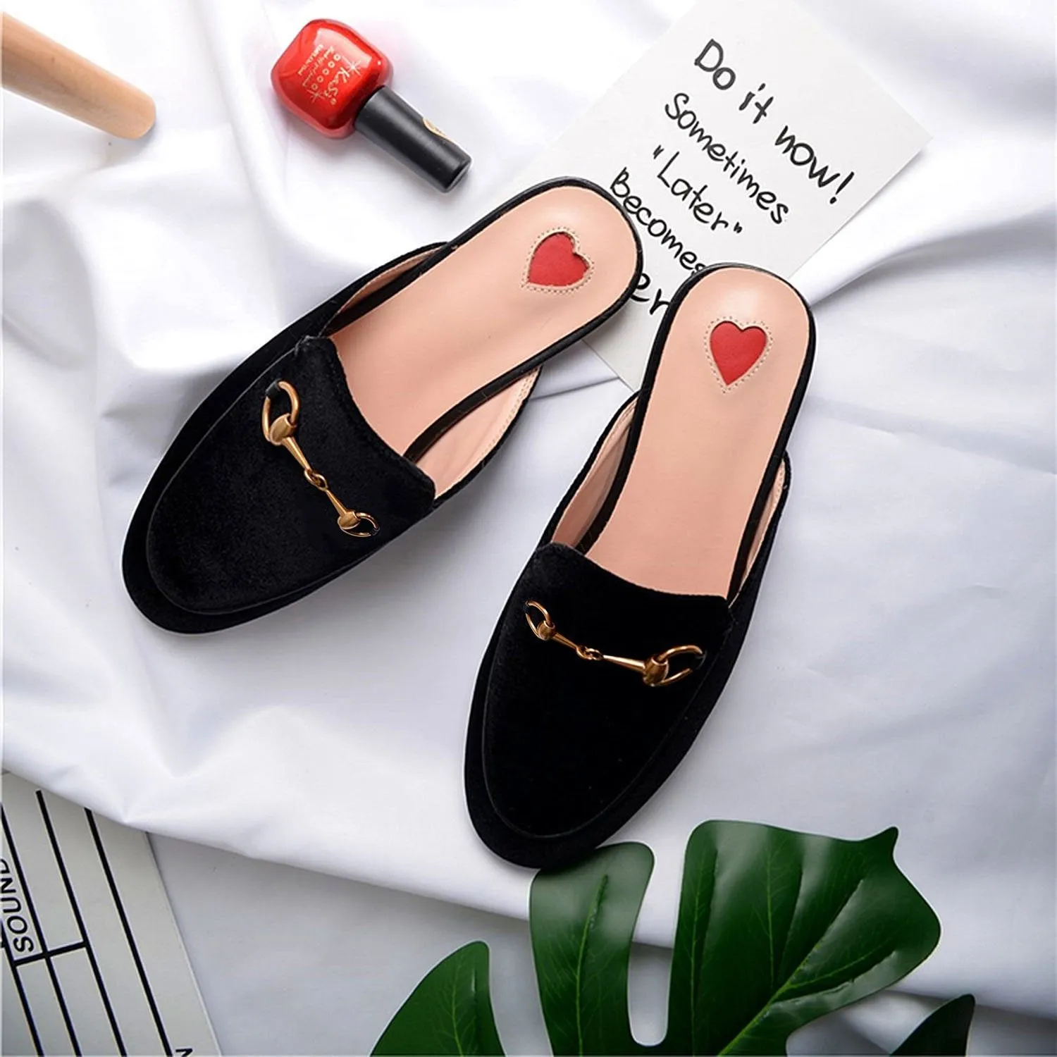 Womens Velvet Heart Oxford Slide Slip On Flat Mules