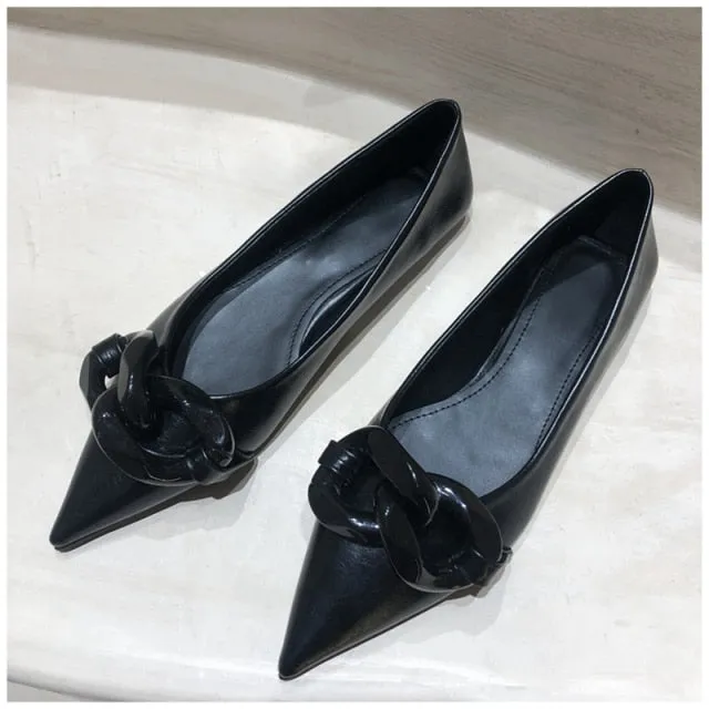 xiangtuibao  Brand Design Chain Buckle Flat Shoes Women Flat Heel Ballet Pointed Toe Slip On Female Ballerina Casual Loafers