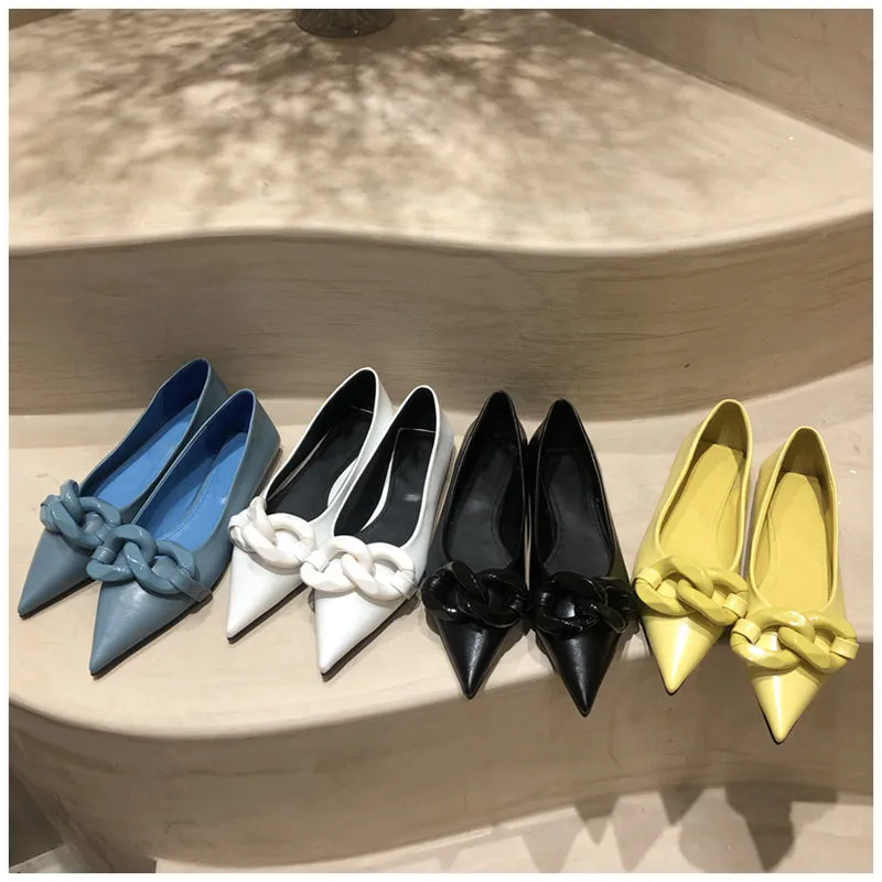 xiangtuibao  Brand Design Chain Buckle Flat Shoes Women Flat Heel Ballet Pointed Toe Slip On Female Ballerina Casual Loafers