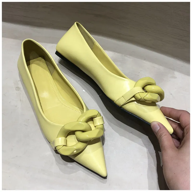 xiangtuibao  Brand Design Chain Buckle Flat Shoes Women Flat Heel Ballet Pointed Toe Slip On Female Ballerina Casual Loafers