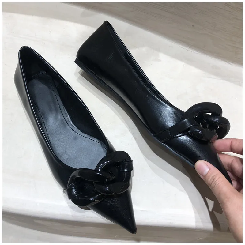 xiangtuibao  Brand Design Chain Buckle Flat Shoes Women Flat Heel Ballet Pointed Toe Slip On Female Ballerina Casual Loafers