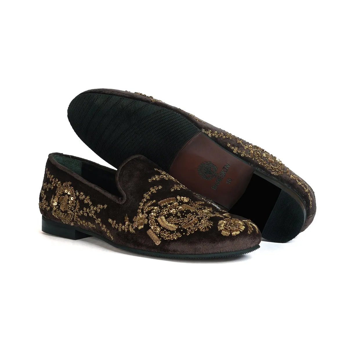 Zardozi Embroidery Slip-On Shoes in Dark Brown Velvet