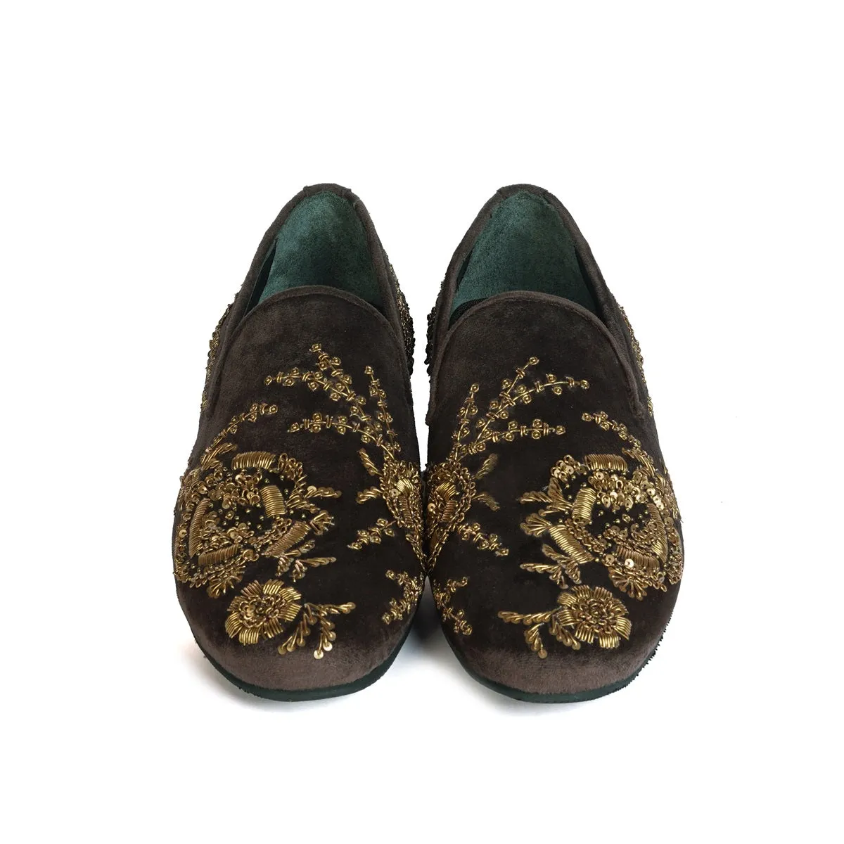 Zardozi Embroidery Slip-On Shoes in Dark Brown Velvet