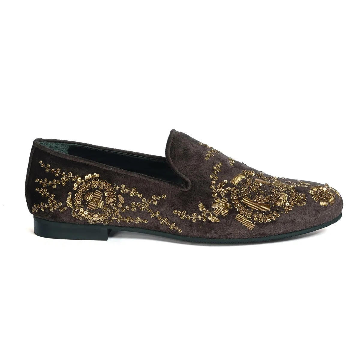 Zardozi Embroidery Slip-On Shoes in Dark Brown Velvet