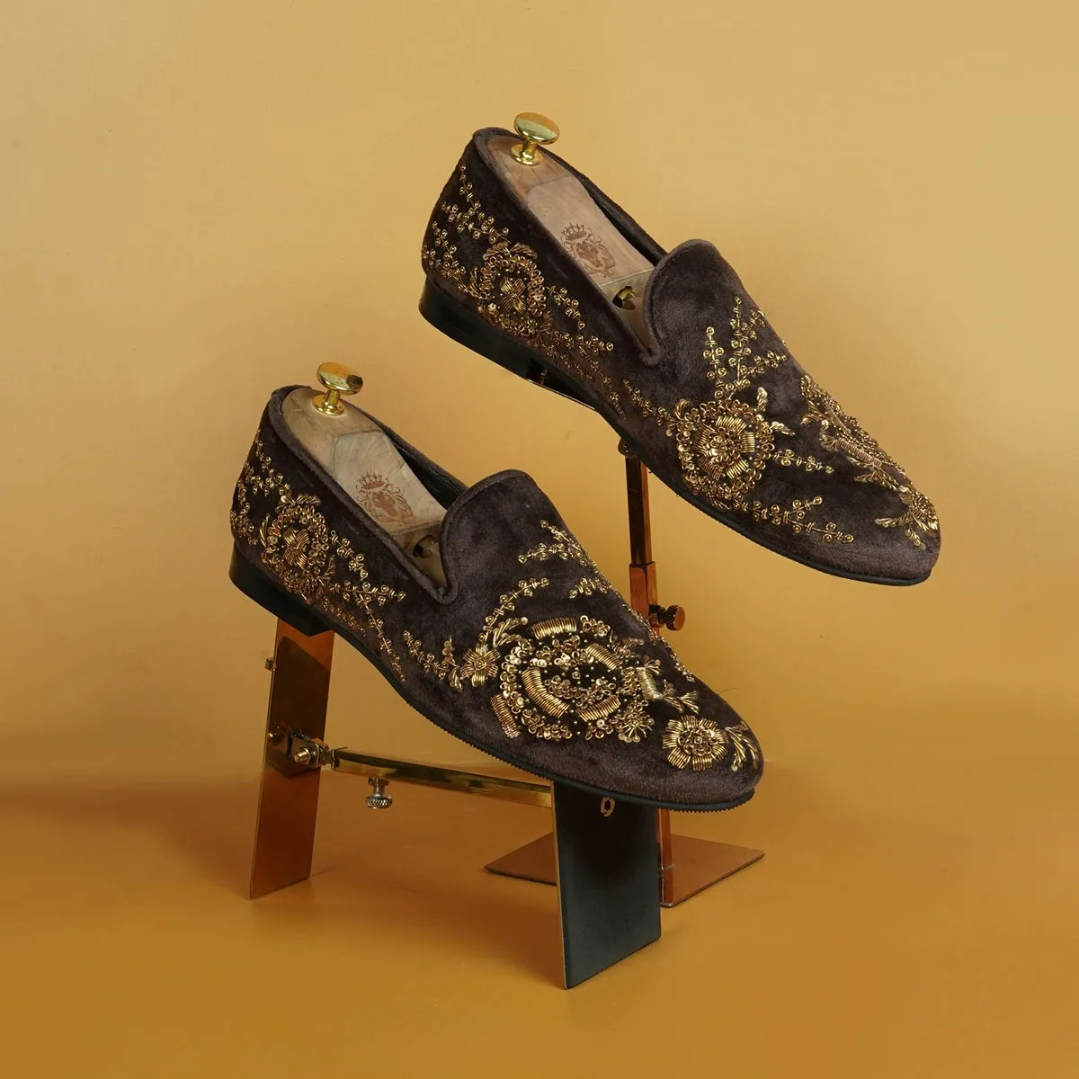 Zardozi Embroidery Slip-On Shoes in Dark Brown Velvet