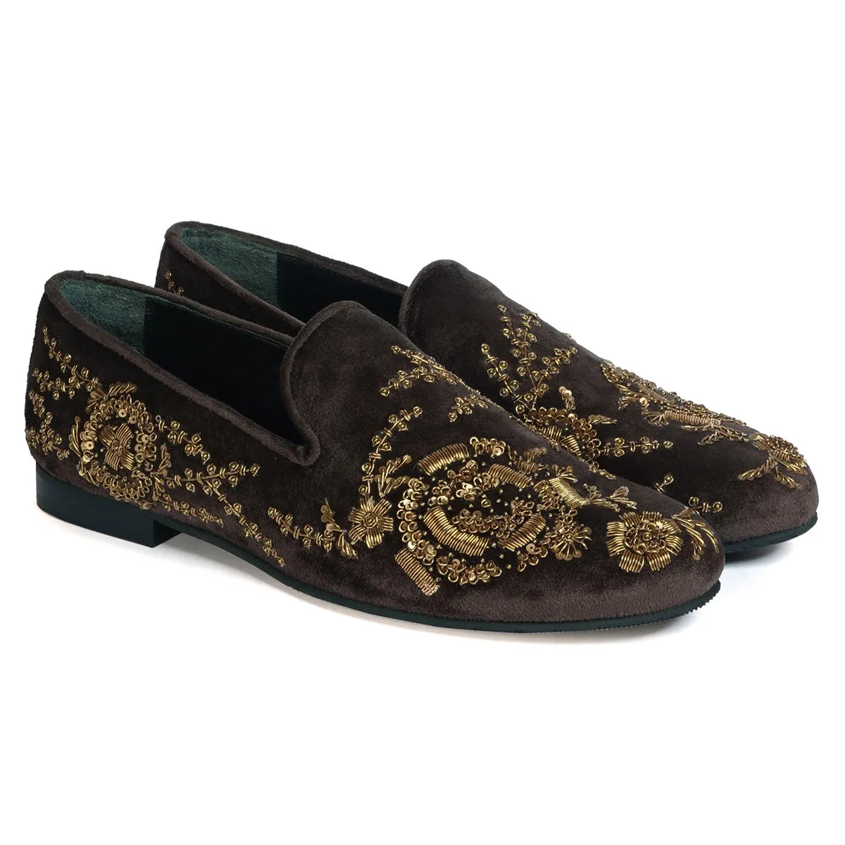 Zardozi Embroidery Slip-On Shoes in Dark Brown Velvet