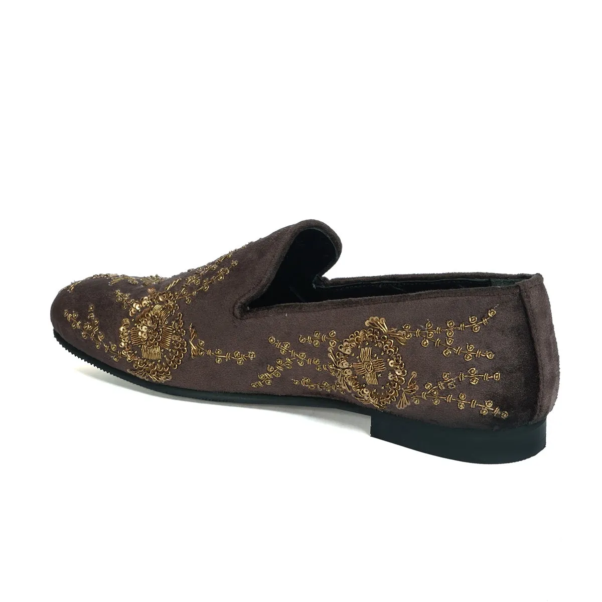 Zardozi Embroidery Slip-On Shoes in Dark Brown Velvet