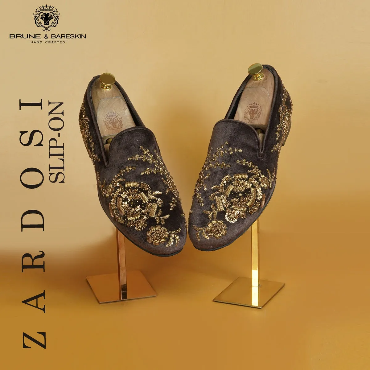 Zardozi Embroidery Slip-On Shoes in Dark Brown Velvet